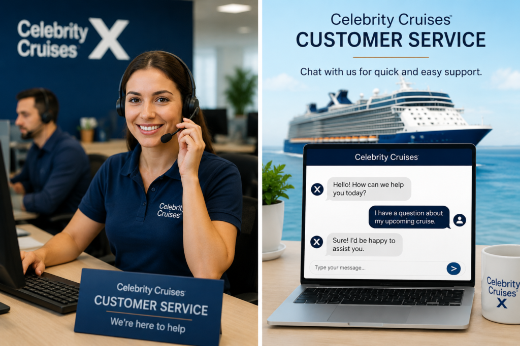 Celebrity Cruises customer service with phone, live chat, and email support, featuring a customer service representative and a Celebrity Cruises ship.